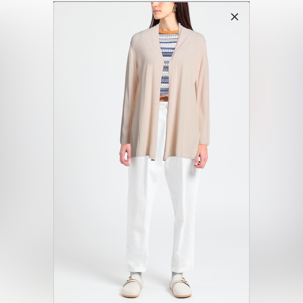 Riani Merino Wool Long Sweater Long Sleeve Open Cardigan Side Slits in Cream  L